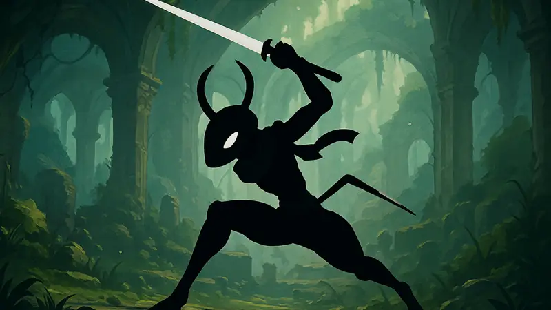 Муравей-воин из игры Project Ants в динамичной позе, стилизованный под Hollow Knight и Ninja Gaiden.