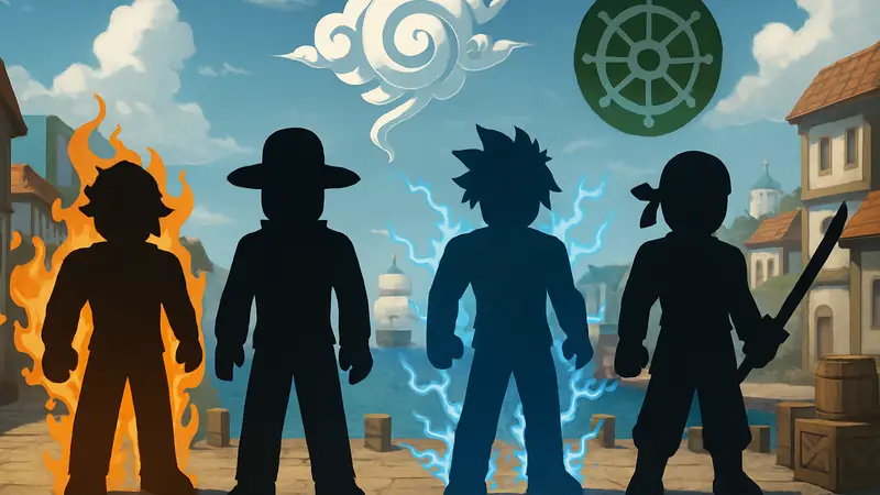 Изображение игровых персонажей из Roblox Sailor Piece, окруженных элементами, символизирующими кланы и их способности