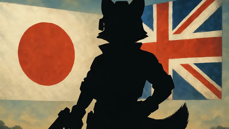 Изображение главного героя Star Fox — Фокса МакКлауда, на фоне японских и британских флагов.