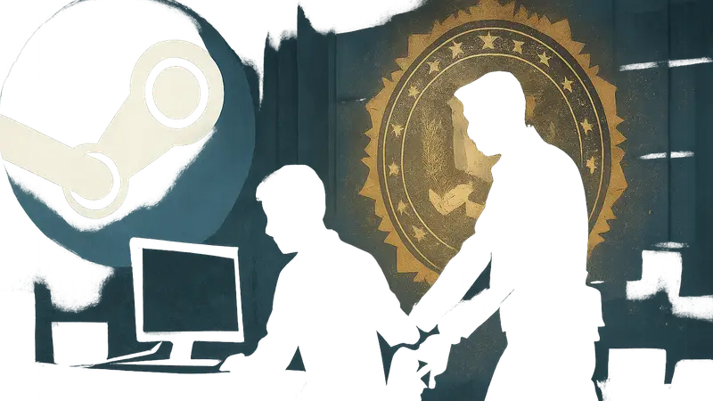 Изображение логотипа Steam и значок ФБР, символизирующие арест за мошенничество.