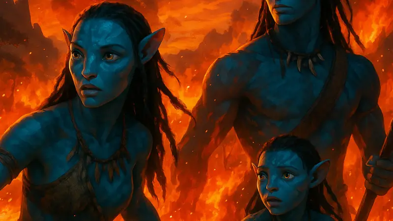 Кадр из фильма «Аватар: Огонь и Пепел» с персонажами На'Ви на фоне пылающего пейзажа.