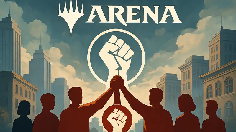 Логотип MTG Arena с символикой профсоюза и изображением сотрудников, объединяющихся за свои права.