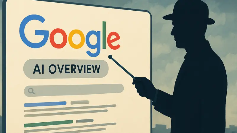 Логотип Google Search AI Overviews и иллюстрация регулятора Великобритании, управляющего поисковой выдачей.