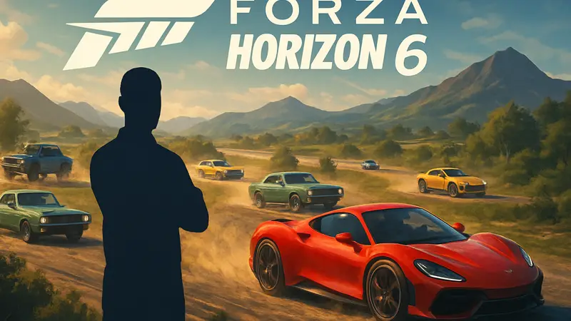 Логотип Forza Horizon 6 на фоне динамичного гоночного пейзажа с множеством автомобилей.