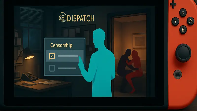 Скриншот из игры Dispatch на Nintendo Switch, демонстрирующий настройки цензуры или изменённые сцены после обновления.