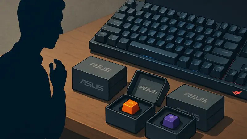 Мини-лутбоксы ASUS с уникальными кейкапами, лежащие рядом с механической клавиатурой ROG.