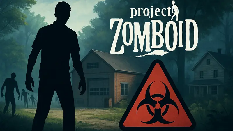Логотип Project Zomboid и символ опасности, указывающий на угрозу вредоносных модов в Steam Workshop.