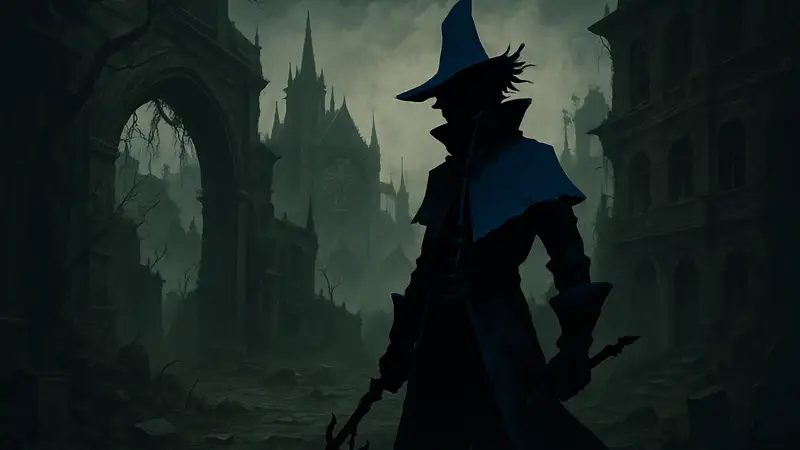 Арт из игры Koshmar: The Last Reverie, стильный персонаж с мрачной атмосферой