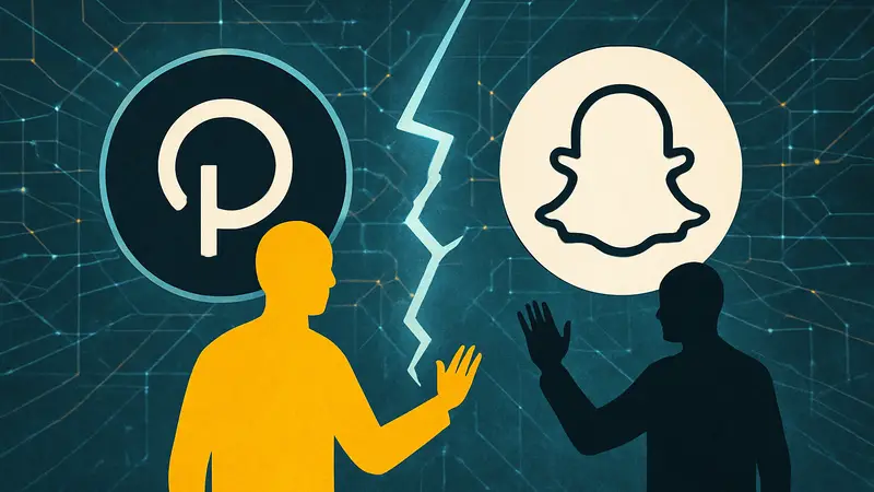 Логотипы Snap (Snapchat) и Perplexity AI на фоне абстрактной цифровой сети, символизирующие расторгнутую сделку.
