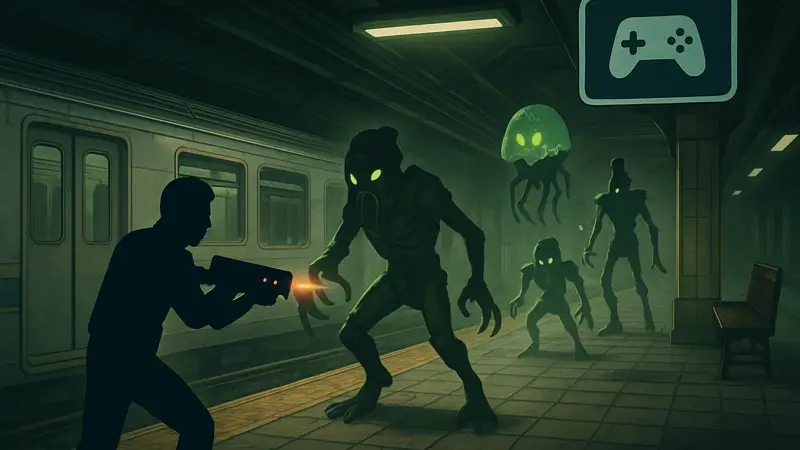 Игрок в Subway Invasion сражается с инопланетянами в метро, интерфейс Indie Pass.