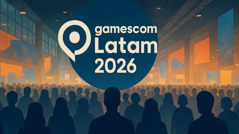 Логотип Gamescom Latam 2026 на фоне толпы посетителей, символизирующий успешное игровое событие