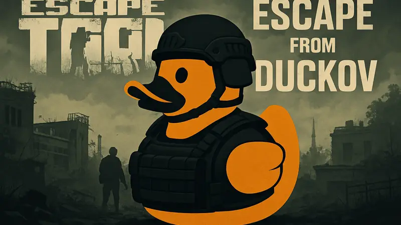 Резиновая утка в тактическом снаряжении на фоне логотипов Escape From Tarkov и Escape From Duckov, символизирующая кроссовер.