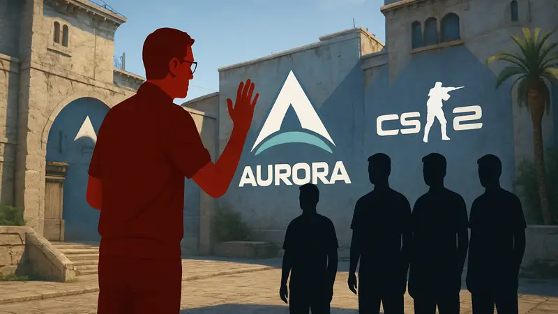 Тренер Fabre прощается с киберспортивной командой Aurora на фоне логотипов CS2