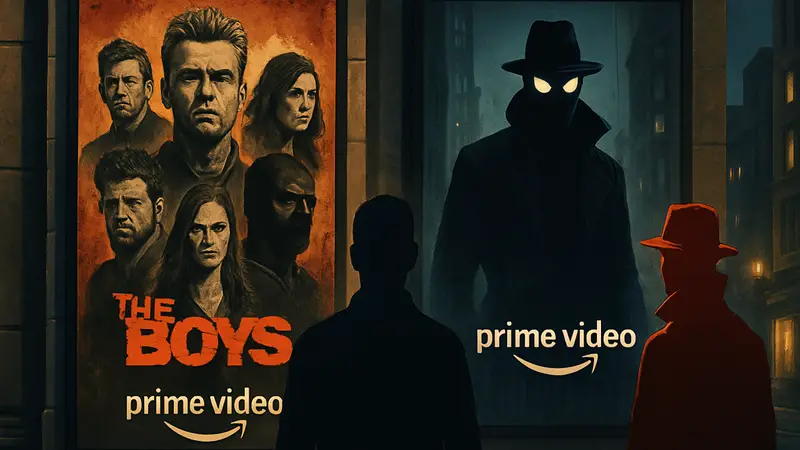 Постеры сериалов The Boys и Spider-Noir с логотипом Prime Video, супергеройская тематика.