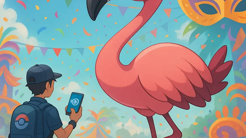 Покемон Фламинго в игре Pokemon Go на фоне карнавального события.
