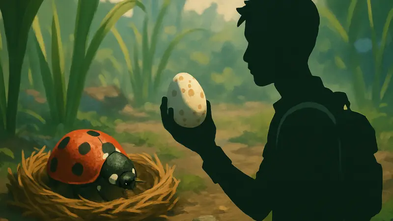 Игрок Grounded 2 держит яйцо божьей коровки,  рядом показано самодельное гнездо в миниатюрном мире.