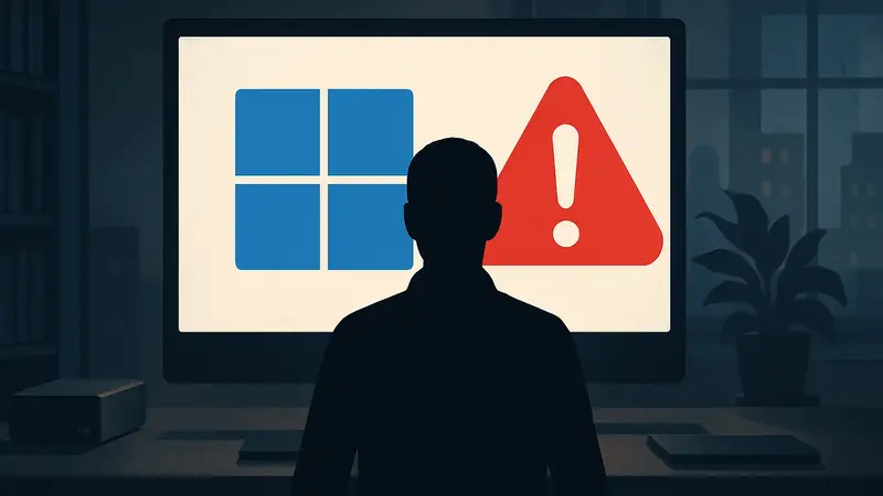 Иконка Windows 11 с красным предупреждением, символизирующая баг и проблему с дисковым пространством.