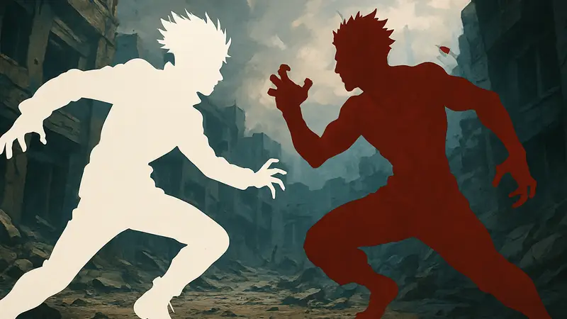 Годжо Сатору и Сукуна в динамичном сражении, логотип Jujutsu Kaisen, аниме персонажи.