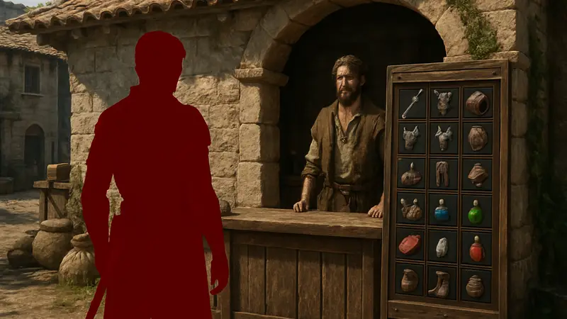 Скриншот Crimson Desert: персонаж перед NPC или магазином с инвентарем