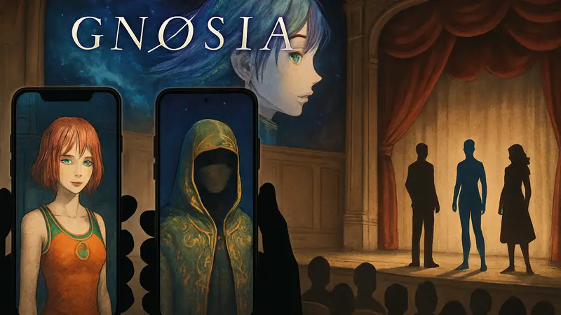 Логотип Gnosia, изображения мобильных устройств и театральной сцены