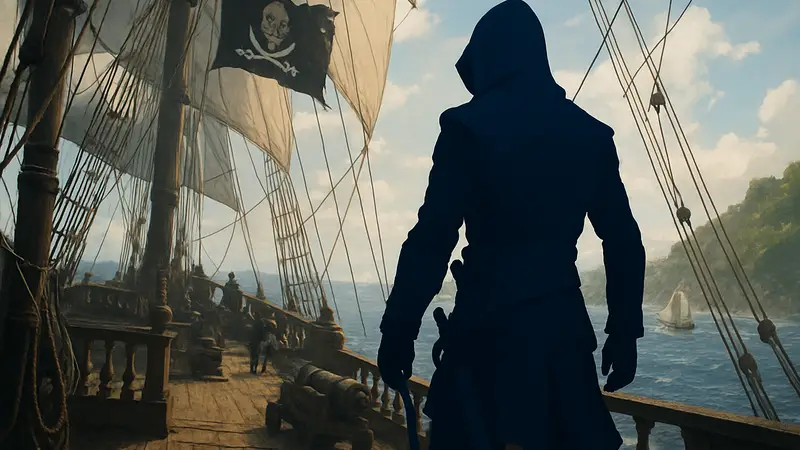 Изображение ремейка Assassin's Creed Black Flag Resynced, Эдвард Кенуэй на корабле.