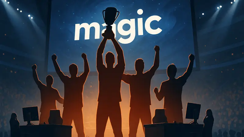 Киберспортивная команда magic празднует победу на турнире в Астане, сцена, компьютеры