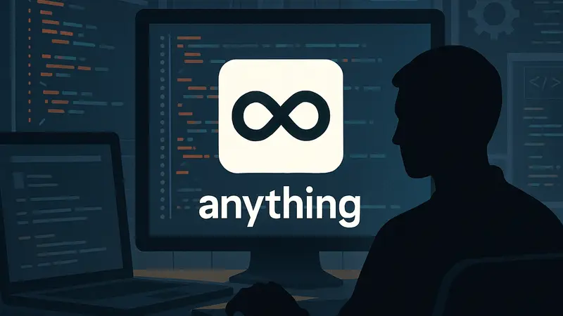 Логотип приложения Anything на фоне элементов кодинга.