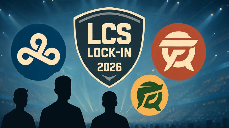 Эмблемы команд C9, LYON, FlyQuest на фоне логотипа LCS Lock-In 2026