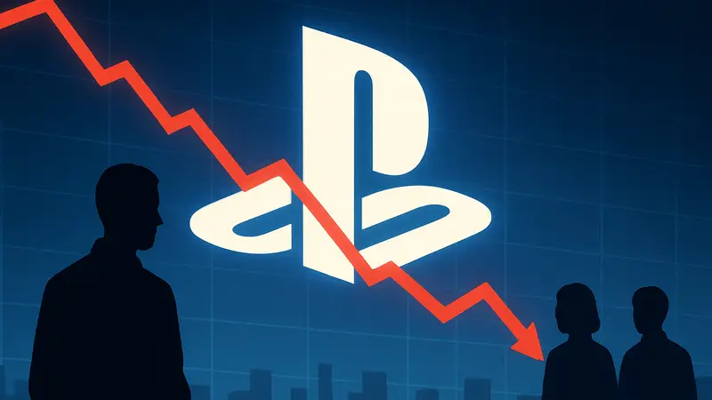 Логотип PlayStation на фоне графика падения позиций Sony в рейтинге Metacritic.