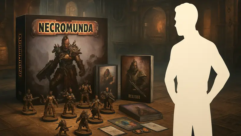 Набор Warhammer Necromunda с миниатюрами и картами на фоне игрового поля, готовый к предзаказу.