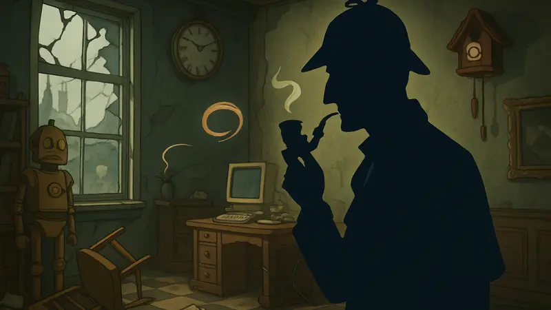 Обложка игры Crushed in Time с Шерлоком Холмсом и элементами абсурдного квеста