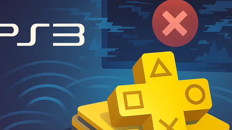 Логотип PlayStation 3 и PlayStation Plus Premium на фоне схематического изображения неработающего стримингового сервиса, символизирующего технические проблемы.