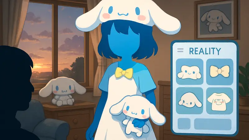 Vtuber-аватар в приложении Reality в стиле Cinnamoroll с предметами кастомизации.