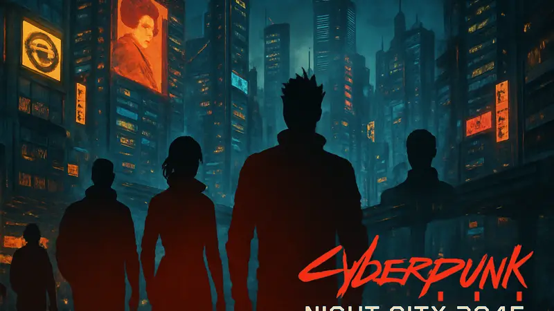 Обложка нового рулбука Cyberpunk Red: Night City 2045, демонстрирующая атмосферу Найт-Сити до 2077 года.