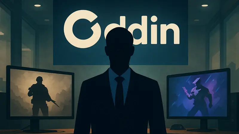 Тодд МакКалли, новый глава отдела продаж Oddin.gg, на фоне логотипа компании.