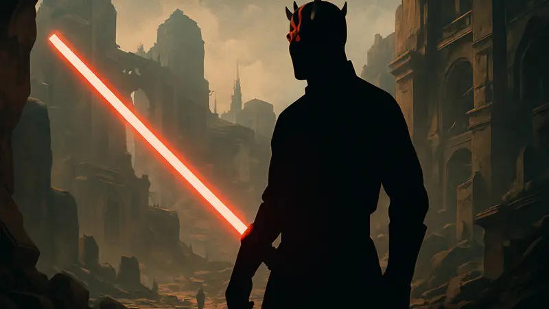 Дарт Мол из Star Wars в игровой стилистике с красным световым мечом