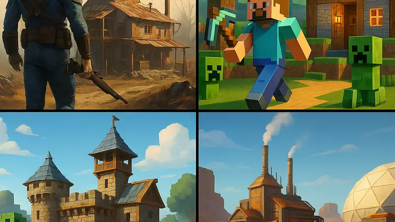 Коллаж из скриншотов игр с базовым строительством, включая Fallout 4 и Minecraft