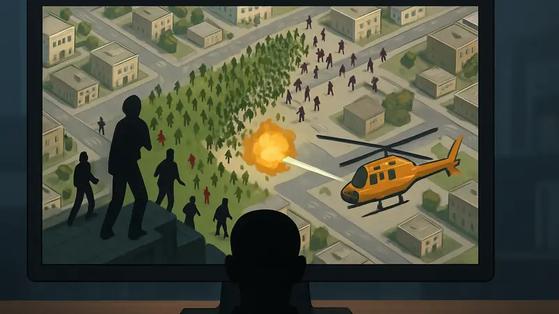 Игровой процесс Atom Zombie Smasher на ПК: уничтожение зомби с воздуха, вид сверху.