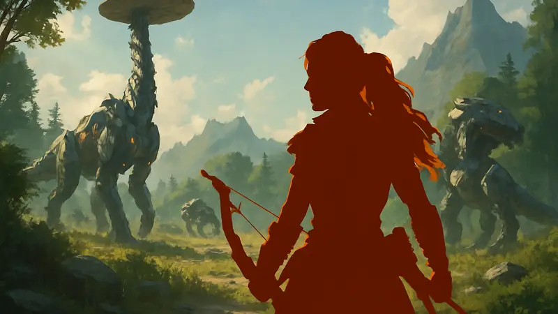 Элой из Horizon в охотничьей экипировке на фоне механических динозавров.