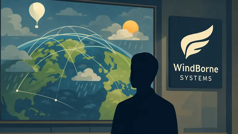 Иллюстрация ИИ-прогноза погоды, логотип Windborne Systems