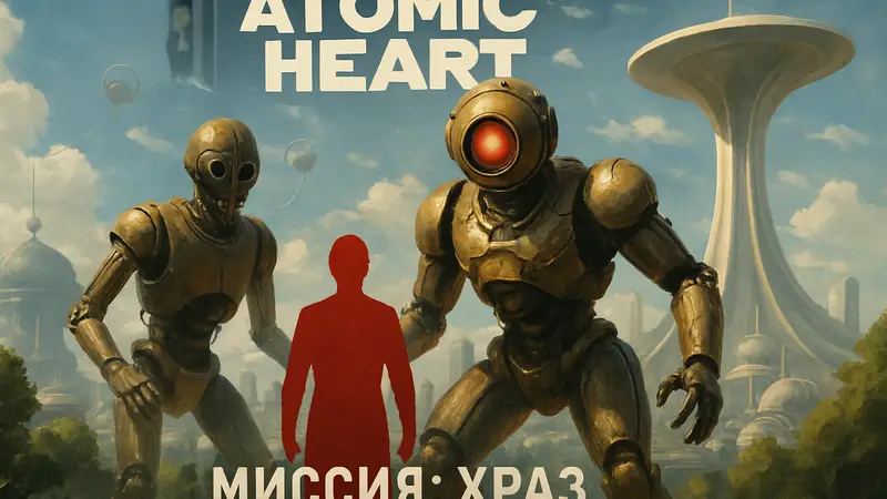 Обложка книги «Atomic Heart. Миссия: ХРАЗ» с изображением роботов и футуристического города.