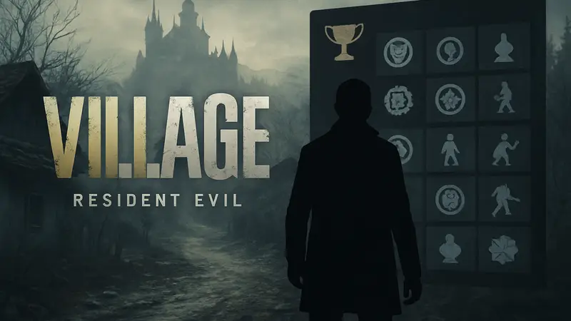 Логотип Resident Evil Village на фоне списка достижений