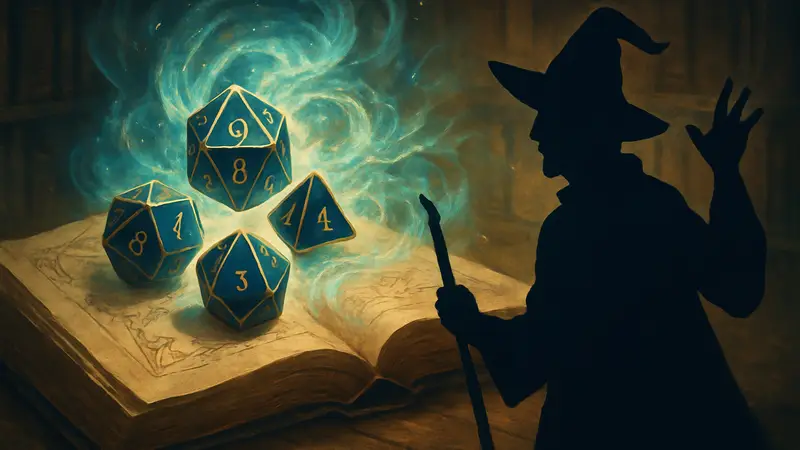 Кубики Dungeons & Dragons на фоне книги заклинаний, подчёркивающие магию.
