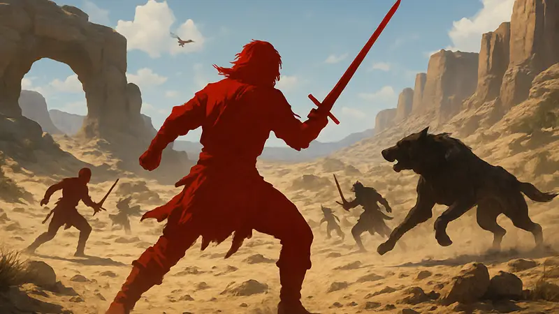 Игровой процесс Crimson Desert на фоне пустынных пейзажей, демонстрирующий экшен и графику.