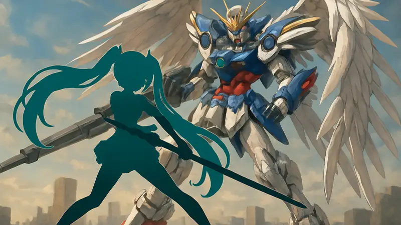 Фигурка Lucrea Hatsune Miku Gundam Wing Zero EW в динамичной позе с оружием.