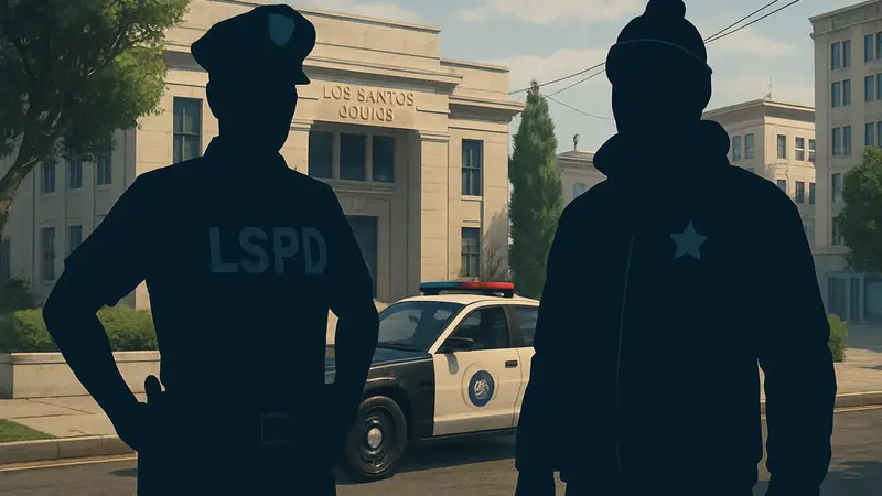 Игровые персонажи в полицейских костюмах LSPD и рейнджера "Зимний парк" из GTA Online.