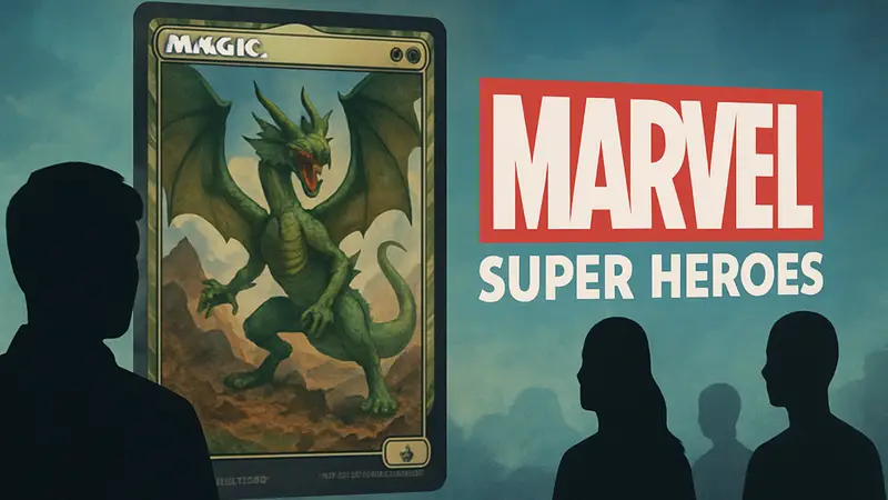 Карта Фин Фанг Фум из Magic: The Gathering на фоне логотипа Marvel Super Heroes.