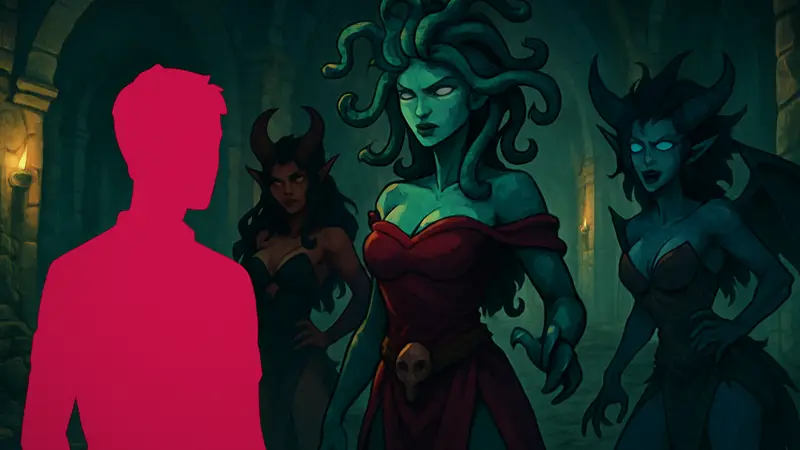 Фан-арт игры в жанре dungeon crawler с элементами Hades 2 и свиданий, демонстрирующий монстр-девушек.