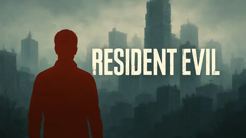 Логотип Resident Evil на фоне туманного города, символизирующий будущие игры и утечки.