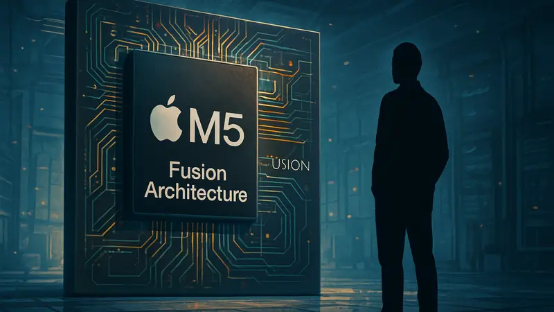 Изображение чипа Apple M5 Pro или M5 Max с надписью Fusion Architecture, символизирующее новые технологии